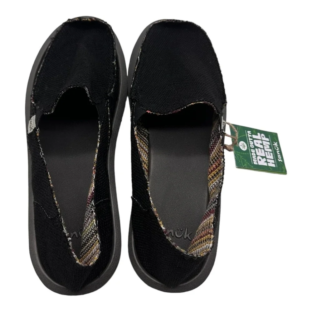 Sanuk‎ Donna Hemp Shoes Women's Size 6 Black Slip On Loafers NWT SWF1160 BLK